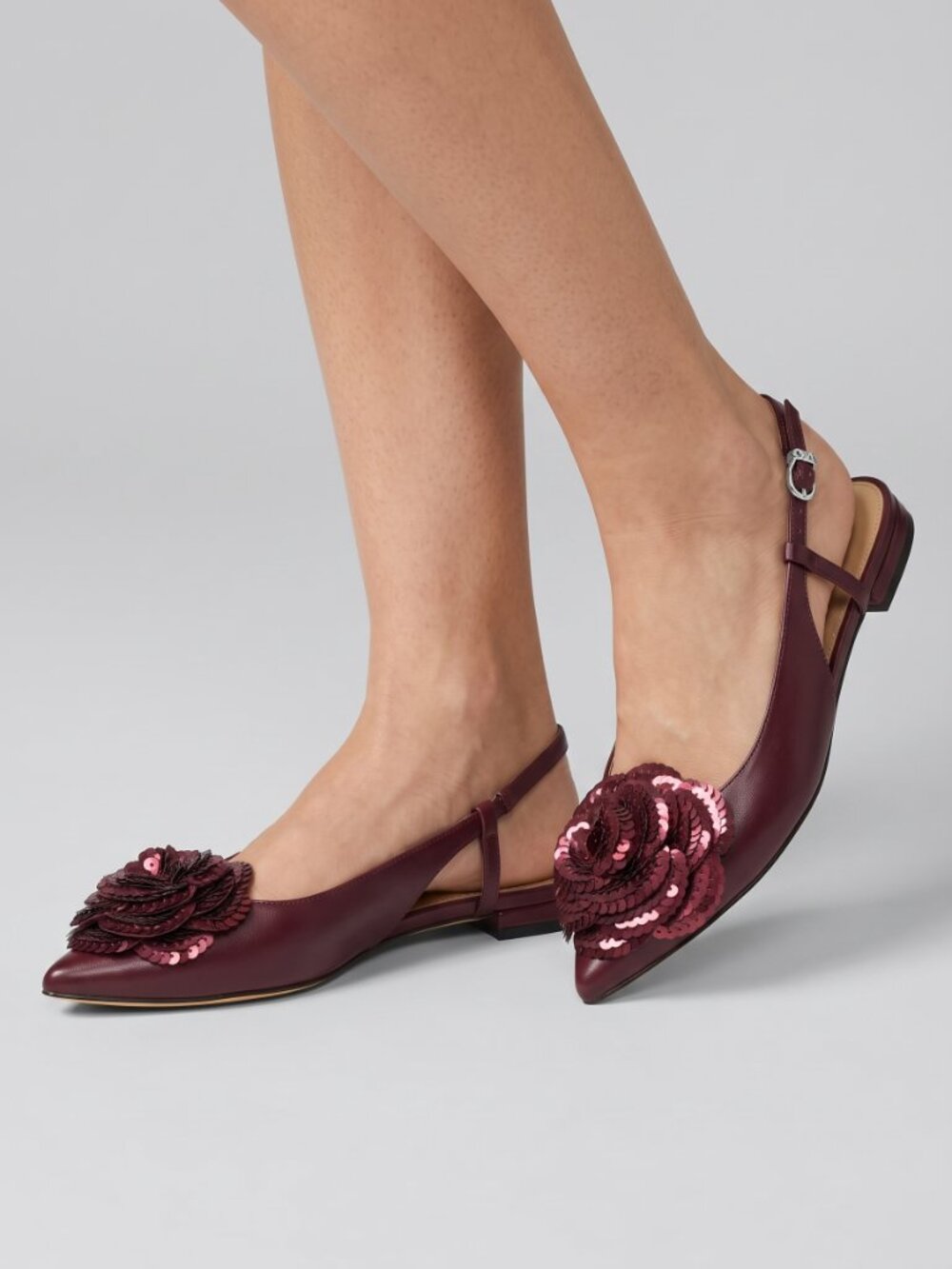 Michael Kors Elodie Slingback Flats Burgundy Sequin Flower Pointed Toe Shoes - Picture 2 of 3
